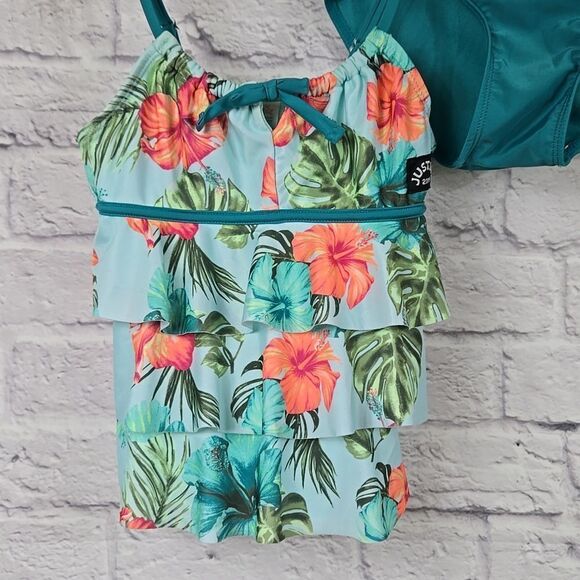 Justice Girls Teal Hibiscus Tiered Ruffle Tankini 2pc Set Swimsuit Bathing Suit - Picture 3 of 10